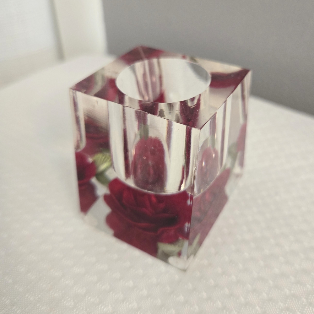Vtg Bircraft Lucite Rose Candlestick Holder Dinner Taper MCM Kitsch Table